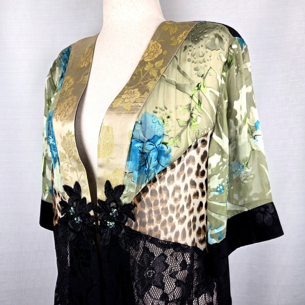 Olive Green Floral & Leopard Kimono Jacket with Black Lace Trim